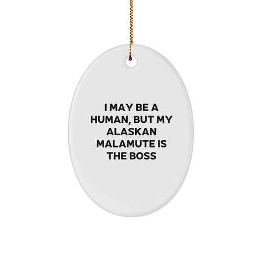 Alaskan Malamute Dog Lover Gifts from Family, Funny Oval Ornament, 'I May Be A Human, But My Alaskan Malamute Is The Boss' Quote, Christmas Unique Gifts for Friends - Image 1
