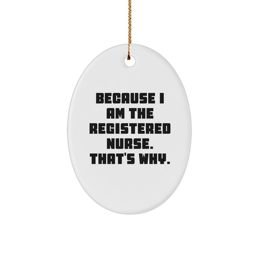 Funny Registered Nurse Gifts from Friends, 'Because I Am The Registered Nurse. That's Why.' Christmas Oval Ornament for Registered Nurse, Gifts for Men, Women, Coworkers, Family - Image 1