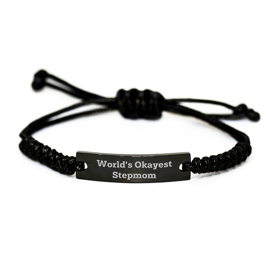 Funny Stepmom Gifts from Men to Stepmom, World's Okayest Stepmom Rope Bracelet for Birthday, Adjustable Black Rope with Engraved Black Stainless Steel - Image 1