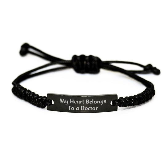Funny Doctor Gifts, My Heart Belongs To A Doctor Rope Bracelet for Graduation, Black Stainless Steel with Interlaced Rope, Gifts from Friends and Family - Image 1