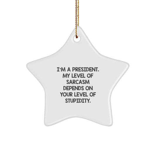 Funny President Gifts for Men, 'I'm A President. My Level Of Sarcasm Depends On Your Level Of Stupidity.' Star Ornament, Gifts from Men to Friends, Family, or Coworkers, Unique Christmas Unique Gifts - Image 1