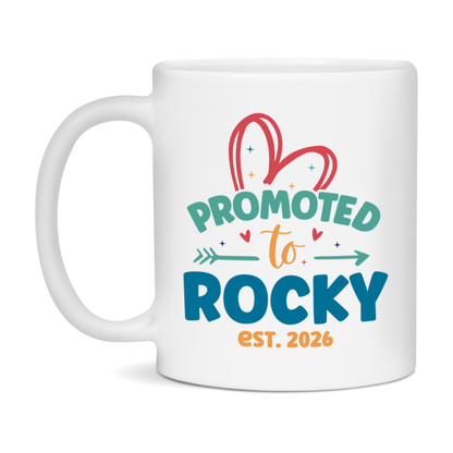 Promoted To Rocky Est. 2026 Coffee Mug – New Rocky Gift – Pregnancy Announcement Mug For New Baby