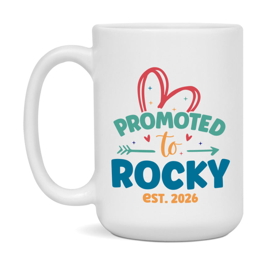 Promoted To Rocky Est. 2026 Coffee Mug – New Rocky Gift – Pregnancy Announcement Mug For New Baby