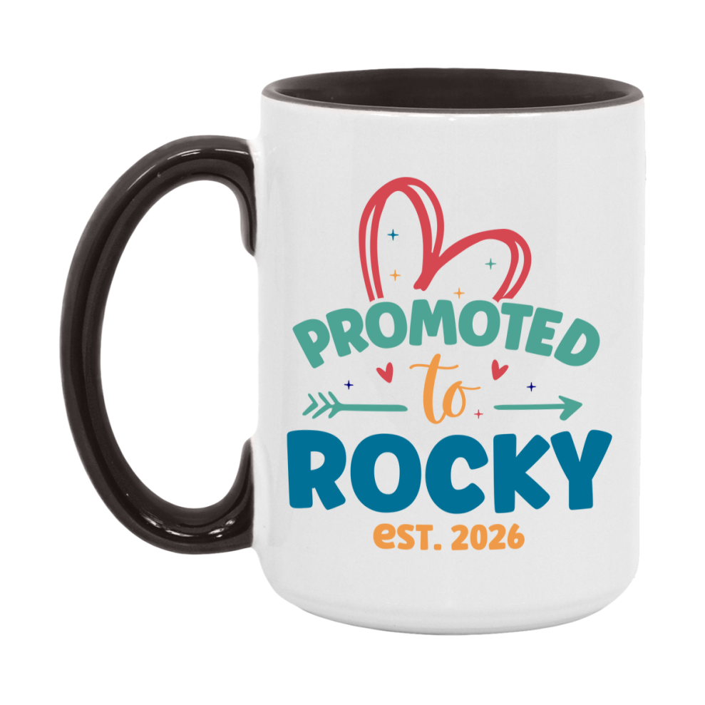 Promoted To Rocky Est. 2026 Coffee Mug – New Rocky Gift – Pregnancy Announcement Mug For New Baby