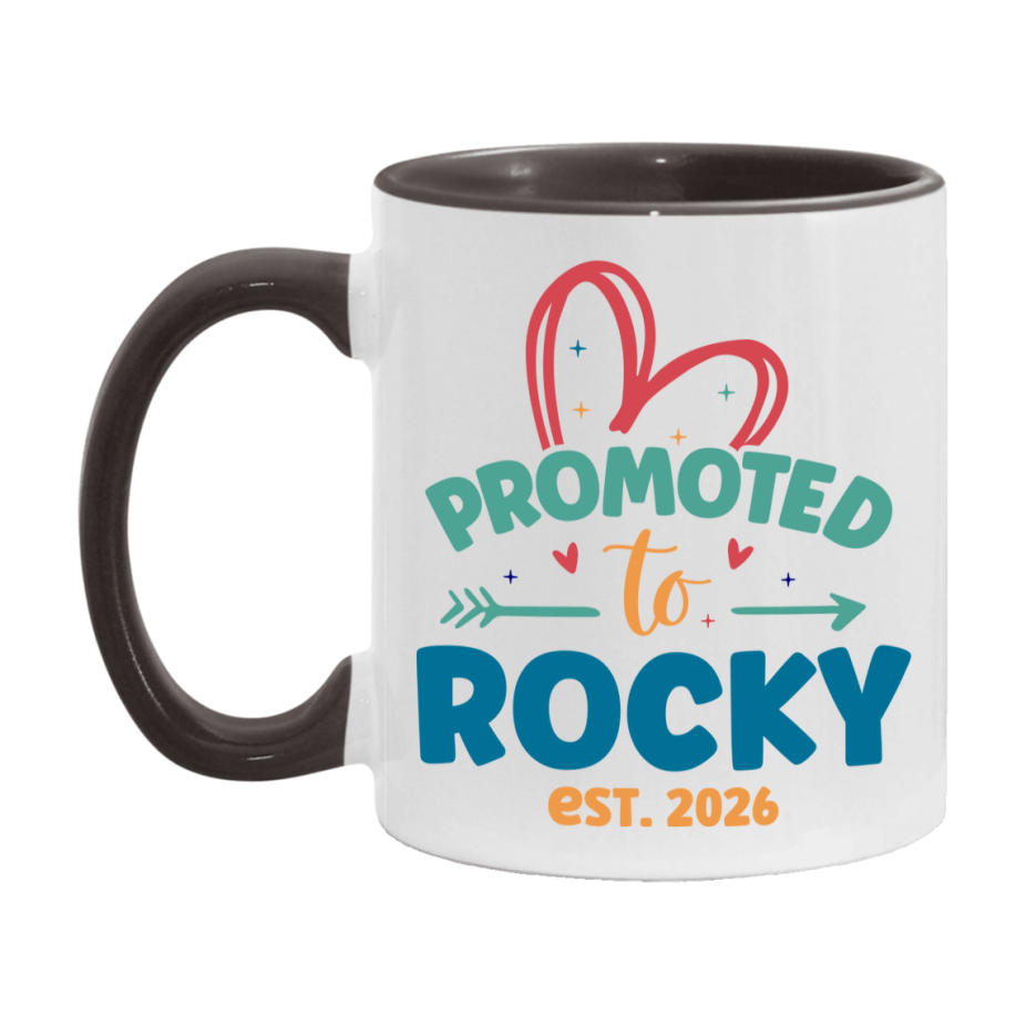 Promoted To Rocky Est. 2026 Coffee Mug – New Rocky Gift – Pregnancy Announcement Mug For New Baby