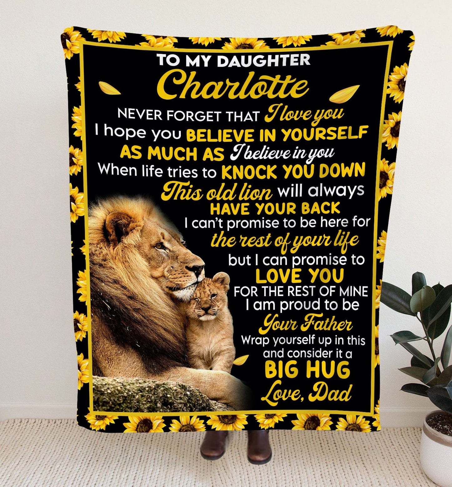 Personalized Blanket for Daughter - Custom Gift to Daughter from Dad - Sunflower Lion Blanket