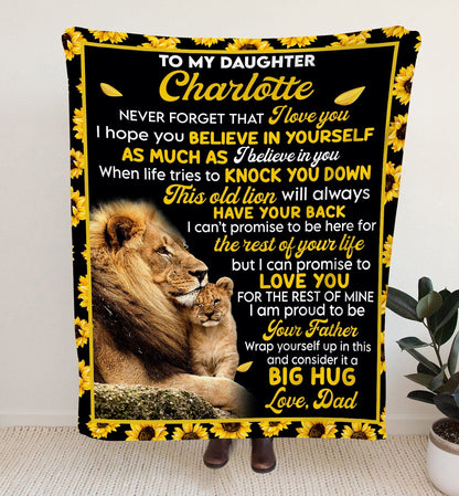 Personalized Blanket for Daughter - Custom Gift to Daughter from Dad - Sunflower Lion Blanket