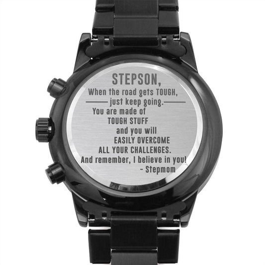 To My Stepson Black Chronograph Watch - Gift from Stepmom - Stepson Birthday, Christmas, Graduation - Motivational Gift for Stepson
