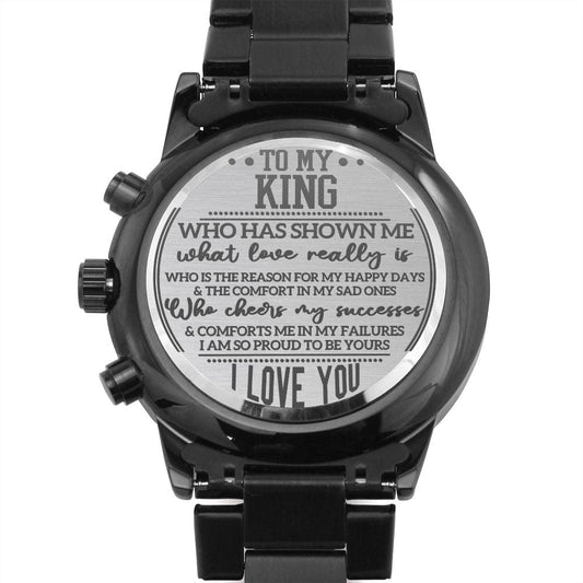 To My King Engraved Black Chronograph Watch - Anniversary Gift - Husband Boyfriend Soulmate Fiance Gift - Valentine's Day Birthday Gift