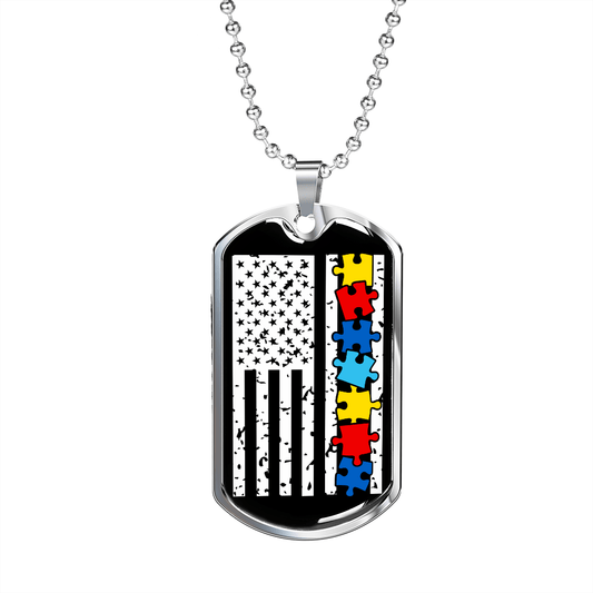 Autism Flag - Autism Awareness Dog Tag Necklace Military Chain (Silver) / No