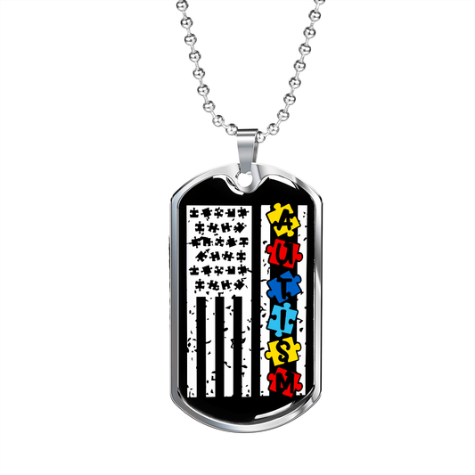 Autism Flag - Autism Awareness Dog Tag Necklace Military Chain (Silver) / No