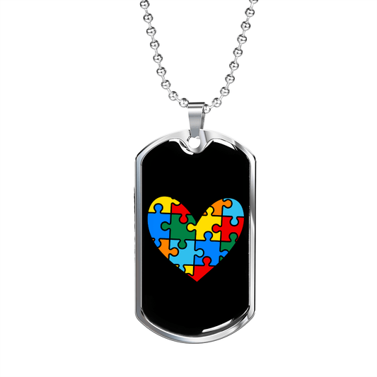 Autism Heart - Autism Awareness Dog Tag Necklace Military Chain (Silver) / No