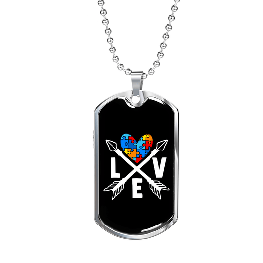 Autism Heart Love Arrows - Autism Awareness Dog Tag Necklace Military Chain (Silver) / No