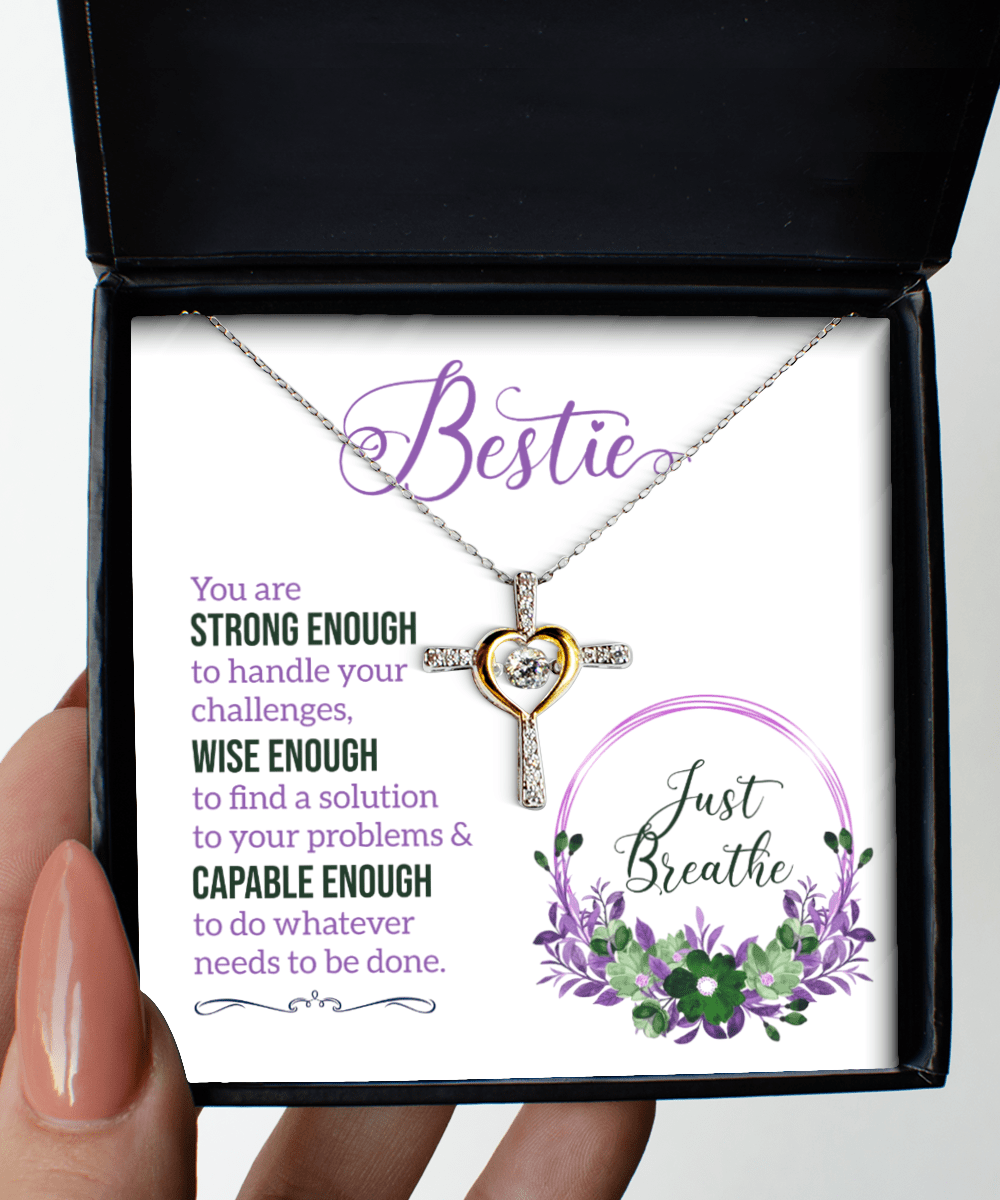 Bestie Gifts - Just Breathe - Cross Necklace for Encouragement, Motivation - Jewelry Gift for Best Friend