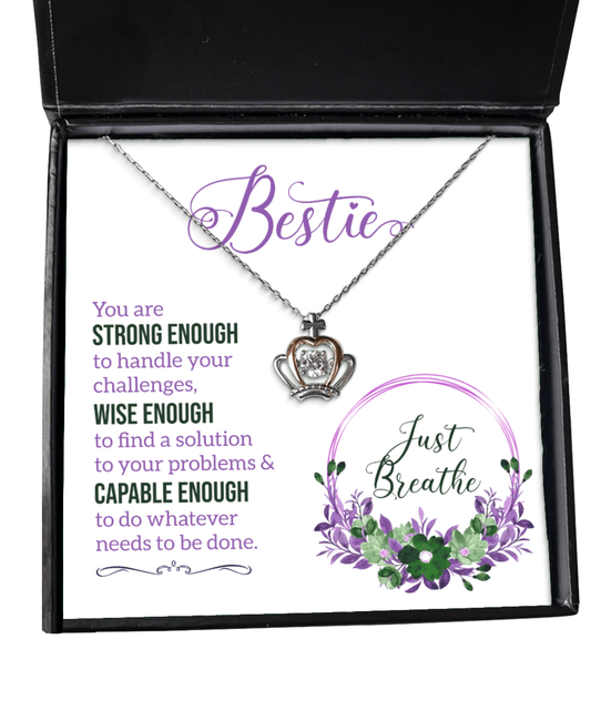 Bestie Gifts - Just Breathe - Crown Necklace for Encouragement, Motivation - Jewelry Gift for Best Friend