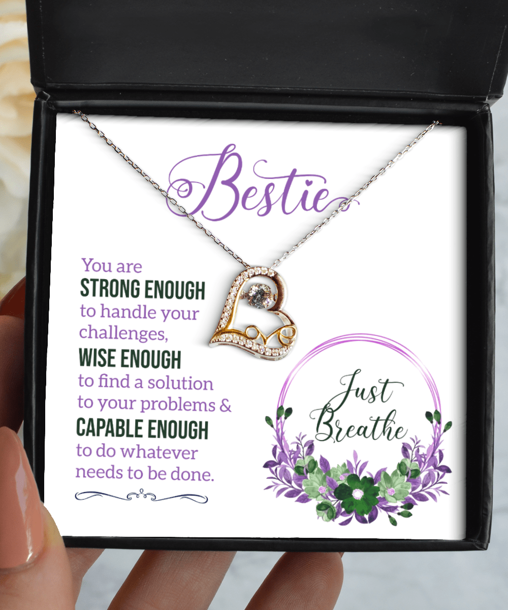 Bestie Gifts - Just Breathe - Love Dancing Heart Necklace for Encouragement, Motivation - Jewelry Gift for Best Friend