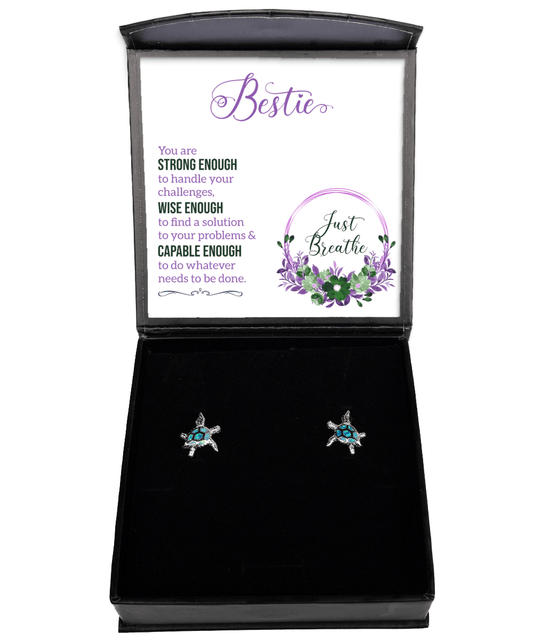 Bestie Gifts - Just Breathe - Opal Turtle Earrings for Encouragement, Motivation - Jewelry Gift for Best Friend