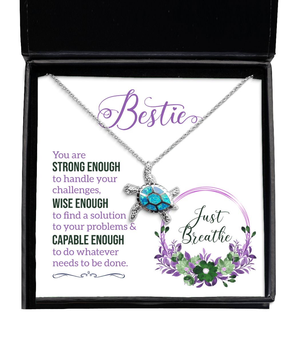 Bestie Gifts - Just Breathe - Opal Turtle Necklace for Encouragement, Motivation - Jewelry Gift for Best Friend