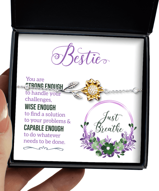 Bestie Gifts - Just Breathe - Sunflower Bracelet for Encouragement, Motivation - Jewelry Gift for Best Friend