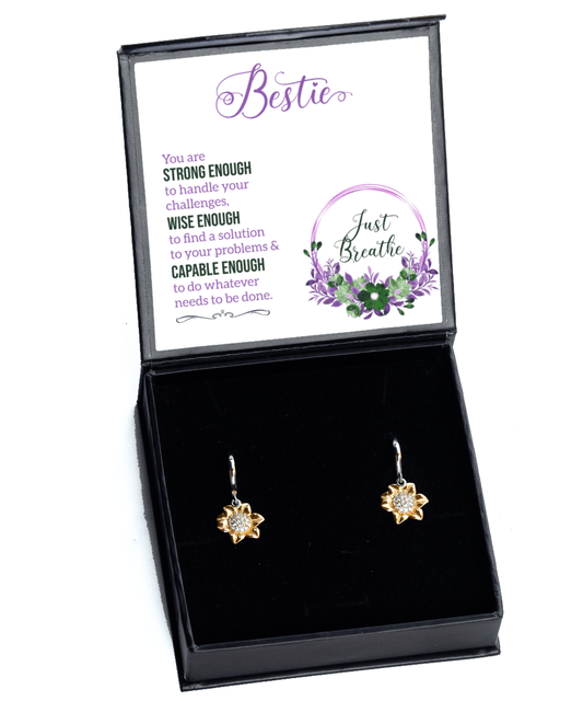 Bestie Gifts - Just Breathe - Sunflower Earrings for Encouragement, Motivation - Jewelry Gift for Best Friend