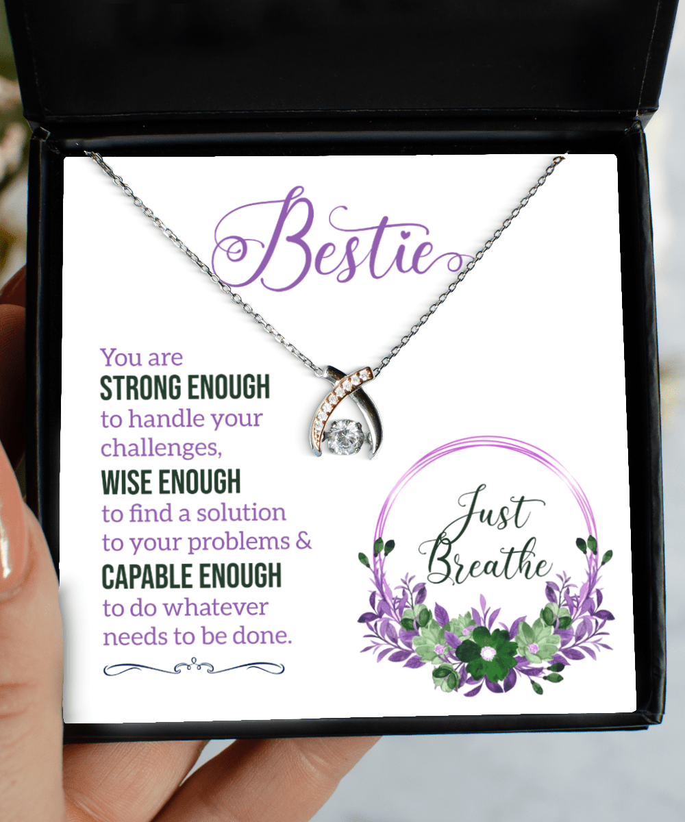 Bestie Gifts - Just Breathe - Wishbone Necklace for Encouragement, Motivation - Jewelry Gift for Best Friend