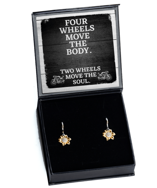 Biker Chick Gift - Two Wheels Move the Soul - Sunflower Earrings for Motorcycle Lover - Jewelry Gift for Motorcyclist Rider Women