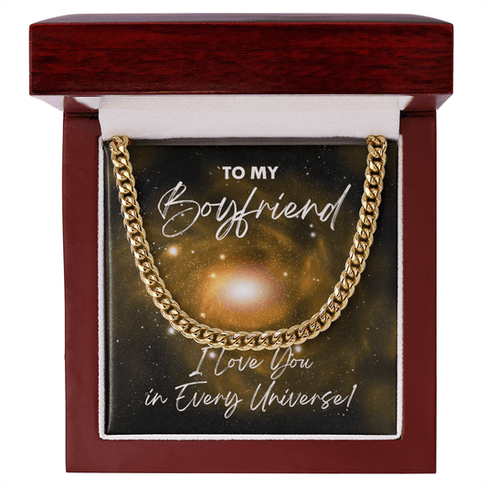 Boyfriend Cuban Link Chain Gift - I Love You In Every Universe Jewelry - Necklace for Doctor Strange Fan 14K Gold Over Stainless Steel Cuban Link Chain / Luxury Box