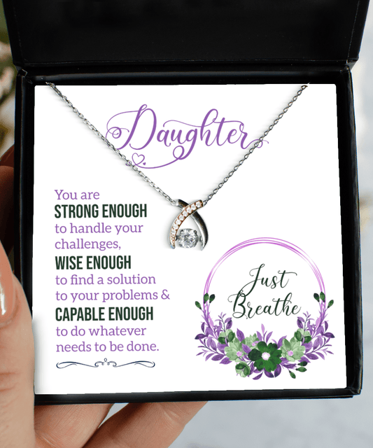 Daughter Gifts - Just Breathe - Wishbone Necklace for Encouragement, Motivation - Jewelry Gift for Daughter