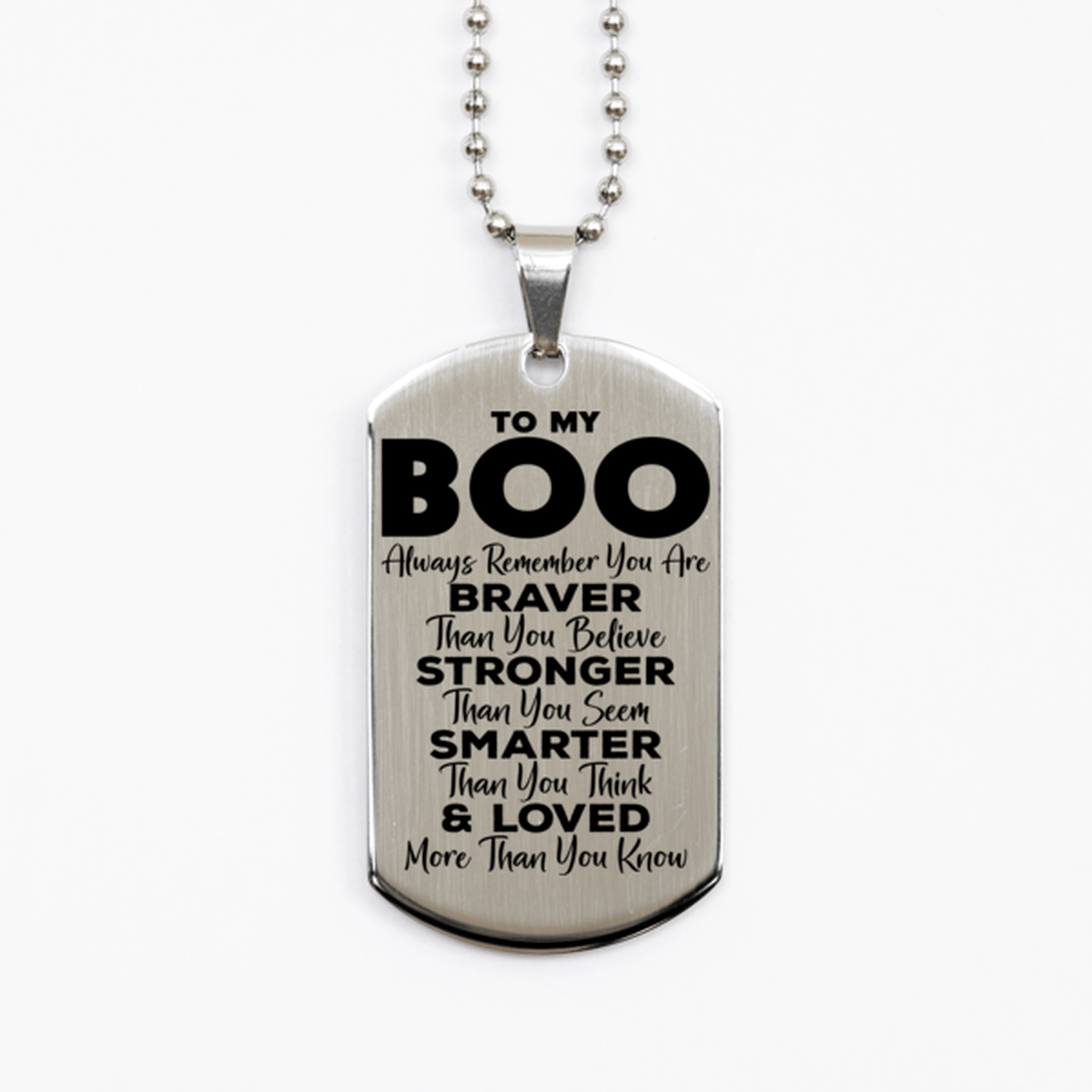 Motivational Boo Silver Dog Tag Necklace, Boo Always Remember You Are Braver Than You Believe, Best Birthday Gifts for Boo