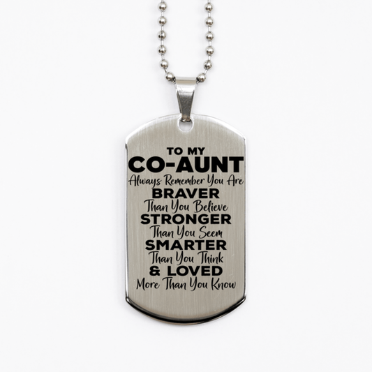 Motivational Co-aunt Silver Dog Tag Necklace, Co-aunt Always Remember You Are Braver Than You Believe, Best Birthday Gifts for Co-aunt