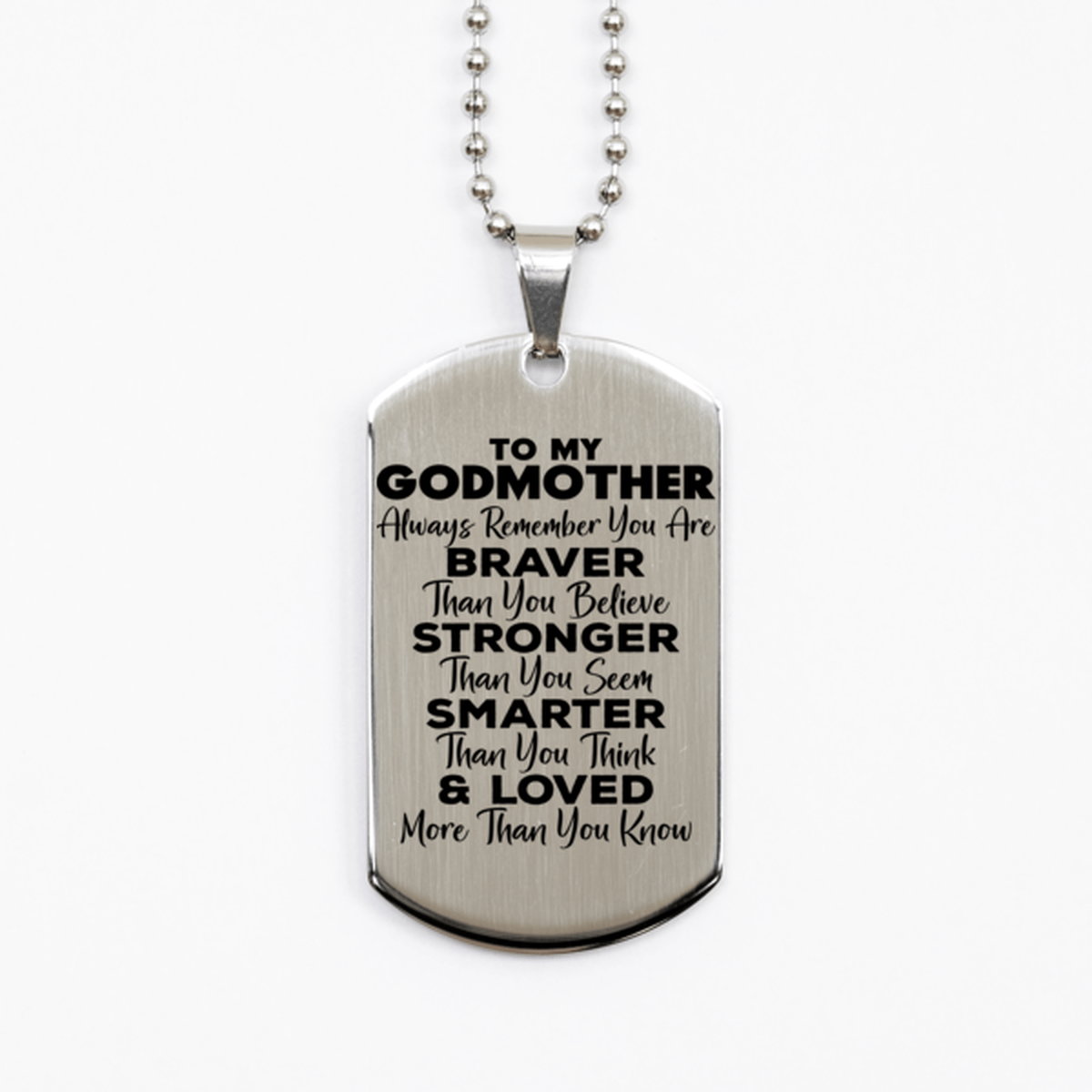 Motivational Godmother Silver Dog Tag Necklace, Godmother Always Remember You Are Braver Than You Believe, Best Birthday Gifts for Godmother