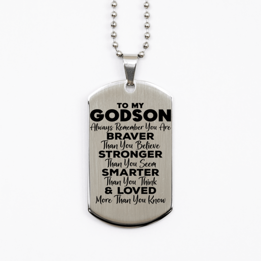 Motivational Godson Silver Dog Tag Necklace, Godson Always Remember You Are Braver Than You Believe, Best Birthday Gifts for Godson