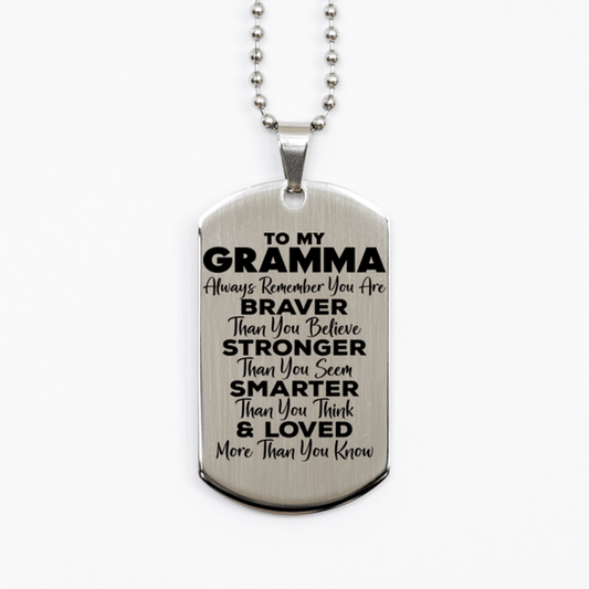 Motivational Gramma Silver Dog Tag Necklace, Gramma Always Remember You Are Braver Than You Believe, Best Birthday Gifts for Gramma