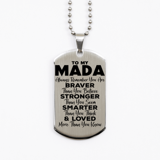 Motivational Mada Silver Dog Tag Necklace, Mada Always Remember You Are Braver Than You Believe, Best Birthday Gifts for Mada