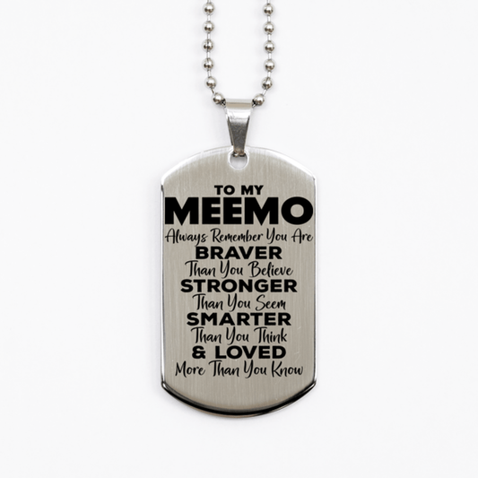 Motivational Meemo Silver Dog Tag Necklace, Meemo Always Remember You Are Braver Than You Believe, Best Birthday Gifts for Meemo