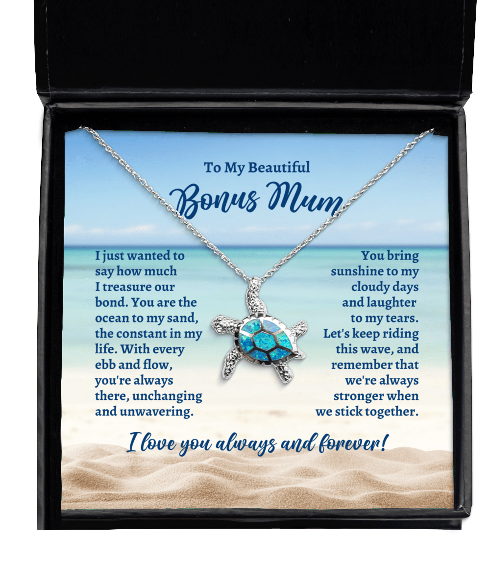 To My Bonus Mum Opal Sea Turtle Necklace - Motivational Gift for Mother's Day, Birthday, Wedding, Christmas - Gift for Stepmum, Mum-in-Law