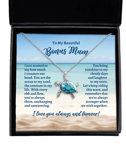 To My Bonus Mum Opal Sea Turtle Necklace - Motivational Gift for Mother's Day, Birthday, Wedding, Christmas - Gift for Stepmum, Mum-in-Law