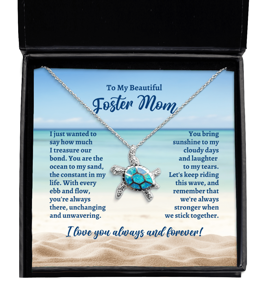 To My Foster Mom Opal Sea Turtle Necklace - Motivational Gift for Mother's Day, Birthday, Wedding, Christmas - Jewelry Gift for Foster Mom