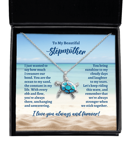 To My Stepmother Opal Sea Turtle Necklace - Motivational Gift for Mother's Day, Birthday, Wedding, Christmas - Jewelry Gift for Stepmom
