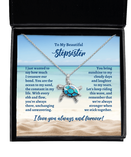 To My Stepsister Opal Sea Turtle Necklace - Motivational Gift for Mother's Day, Birthday, Wedding, Christmas - Jewelry Gift for Stepsister