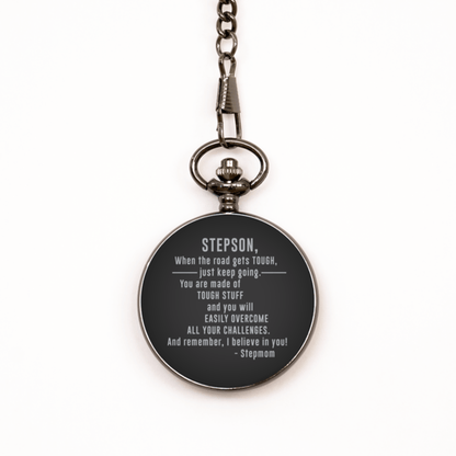 To My Stepson Black Pocket Watch - Gift from Stepmom - Stepson Birthday, Christmas, Graduation - Motivational Gift for Stepson