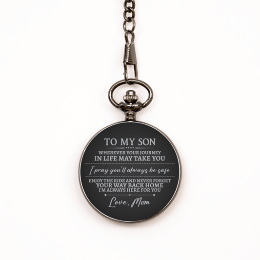 To My Son Black Pocket Watch - Gift from Mom - Enjoy the Ride - Fathers Day Gift for Son Graduation, Birthday, Christmas, Wedding