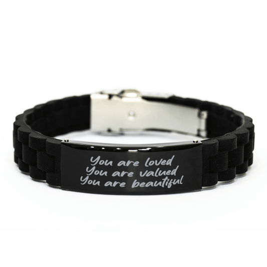 You Are Loved - You Are Valued - You Are Beautiful - Black Glidelock Clasp Bracelet for Motivation - Jewelry Gift for Teen Girl