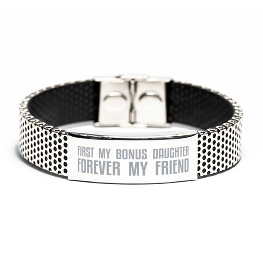 Unique Bonus Daughter Stainless Steel Bracelet, First My Bonus Daughter Forever My Friend, Best Gift for Stepdaughter Daughter-in-Law Birthday, Christmas