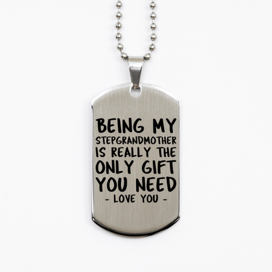 Funny Stepgrandmother Silver Dog Tag Necklace, Being My Stepgrandmother Is Really the Only Gift You Need, Best Birthday Gifts for Stepgrandmother