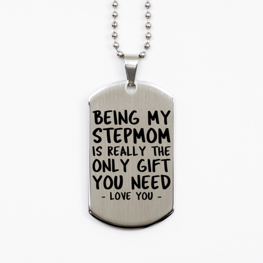 Funny Stepmom Silver Dog Tag Necklace, Being My Stepmom Is Really the Only Gift You Need, Best Birthday Gifts for Stepmom