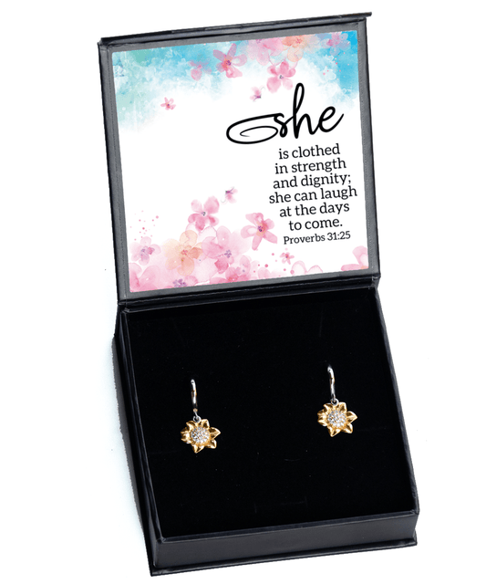 Gifts for Women - She Is Clothed in Stength and Dignity - Sunflower Earrings for Encouragement, Motivation - Jewelry Gift for Mom, Daughter, Sister, Friend