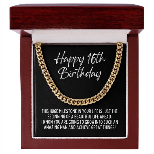 Happy 16th Birthday Cuban Link Chain Necklace - Boys Milestone Birthday Gift - Teenage Boy Sixteenth Birthday Jewelry - Sweet 16 Birthday 14K Gold Over Stainless Steel Cuban Link Chain / Luxury Box