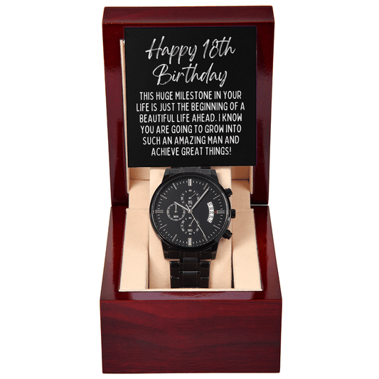 Happy 18th Birthday Black Chronograph Watch - Milestone Birthday Gift - New Adult Man Son Grandson Nephew Brother 18th Birthday Jewelry