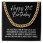 Happy 21st Birthday Cuban Link Chain Necklace - Milestone Birthday Gift - Friend Son Grandson Nephew Brother 21st Birthday Jewelry 14K Gold Over Stainless Steel Cuban Link Chain / Standard Box